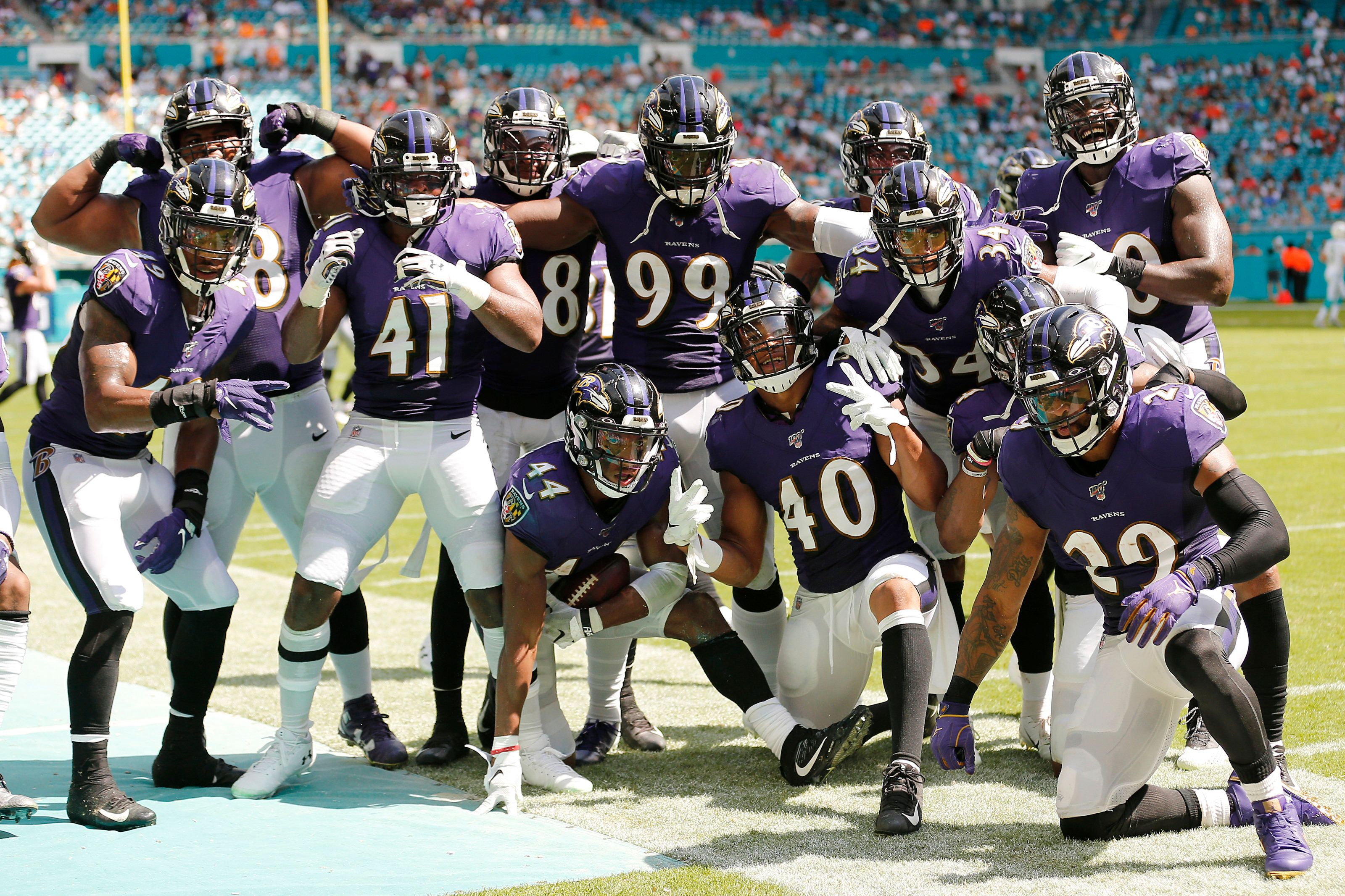 Baltimore Ravens defense posing for picture