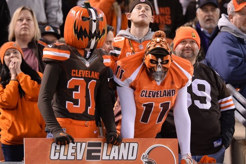 Nov 30, 2015; Cleveland, OH, USA; Cleveland Browns fans including Pumpkinhead during the second quarter at FirstEnergy Stadium
