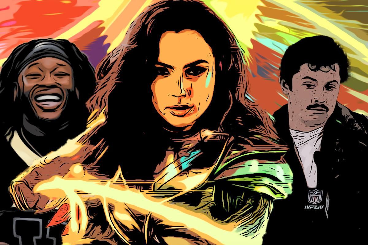 From left to right: Alvin Kamara, Gal Gadot as Wonder Woman, Baker Mayfield