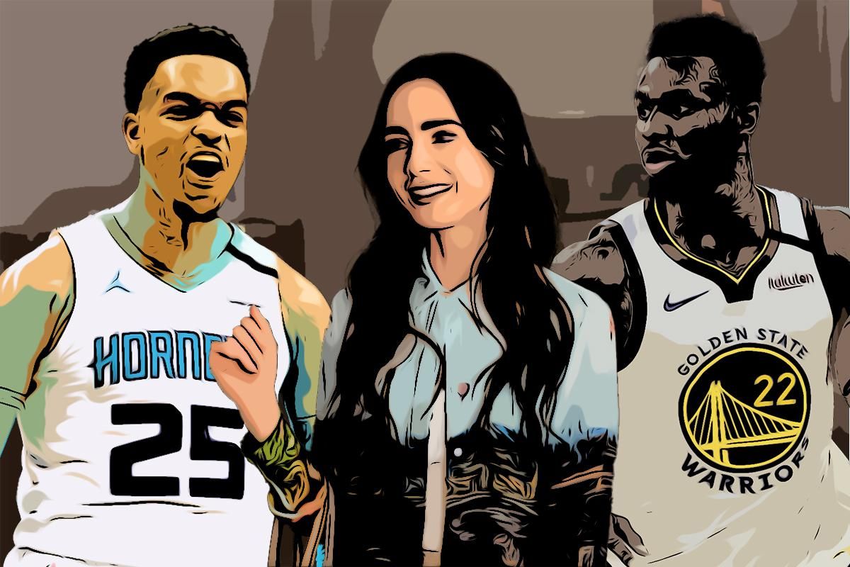From left to right: P.J. Washington, Lily Collins (as Emily Cooper), Andrew Wiggins