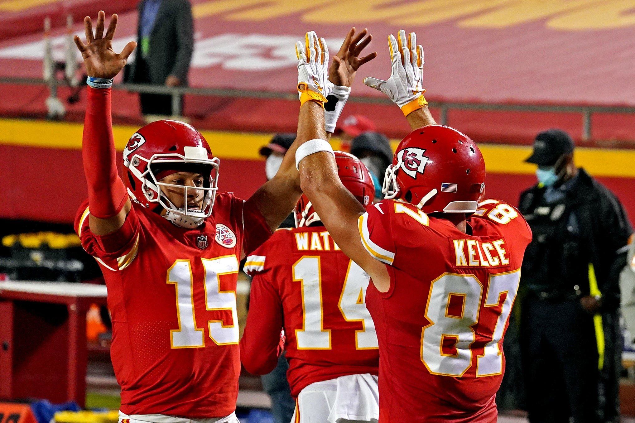 Patrick Mahomes and Travis Kelce celebrate another Kansas City Chiefs score.