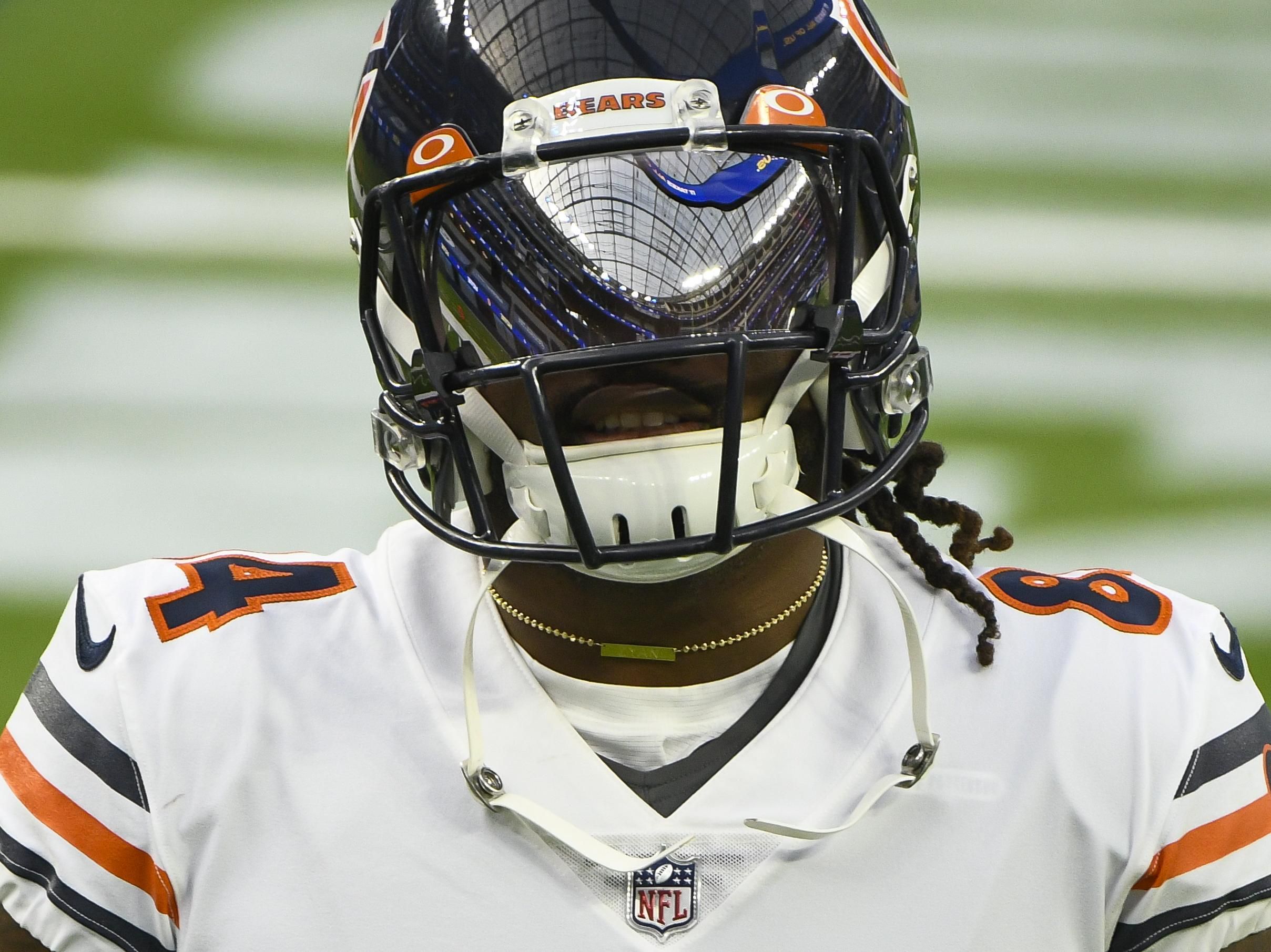 SoFi Stadium is reflected in the visor of Chicago Bears wide receiver Cordarrelle Patterson during pregame warmups before playing the Los Angeles Rams.