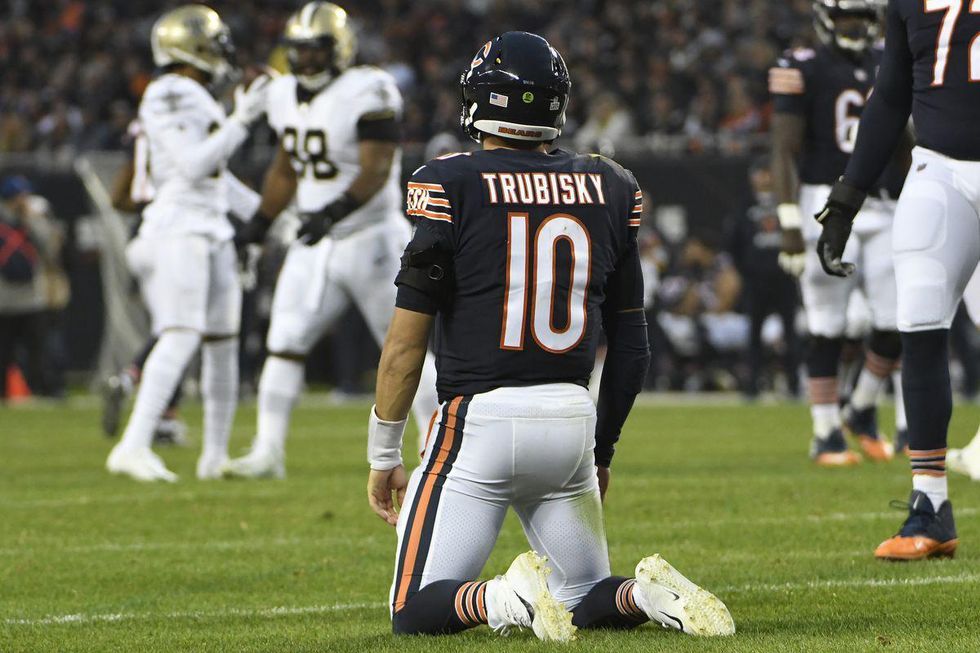 Sad Mitch Trubisky after a 26-23 defeat to the Saints in Week 8