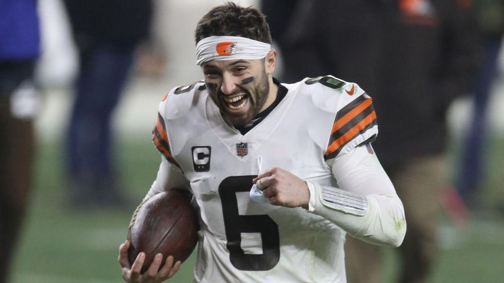 Cleveland Browns quarterback Baker Mayfield celebrates